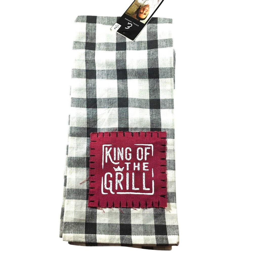 Emeril Towel set King Of The Grill Kitchen Plaid black white gift nwt barbecue